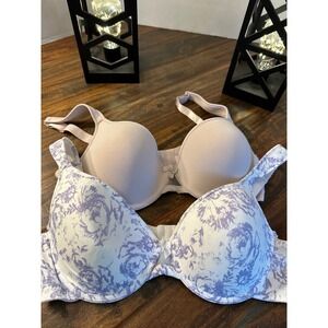 Jezebel 38D‎ Bra Lot of 2 Beige Purple Floral Underwire Full Coverage